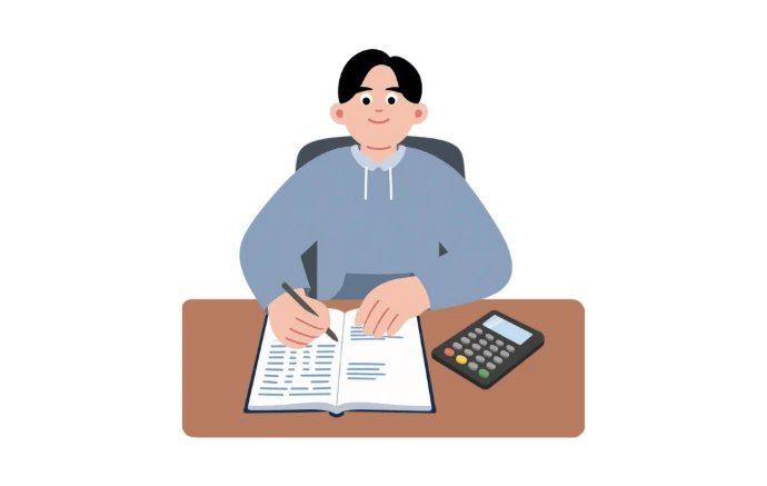 Illustration of an accountant analyzing financial reports and tax documents.